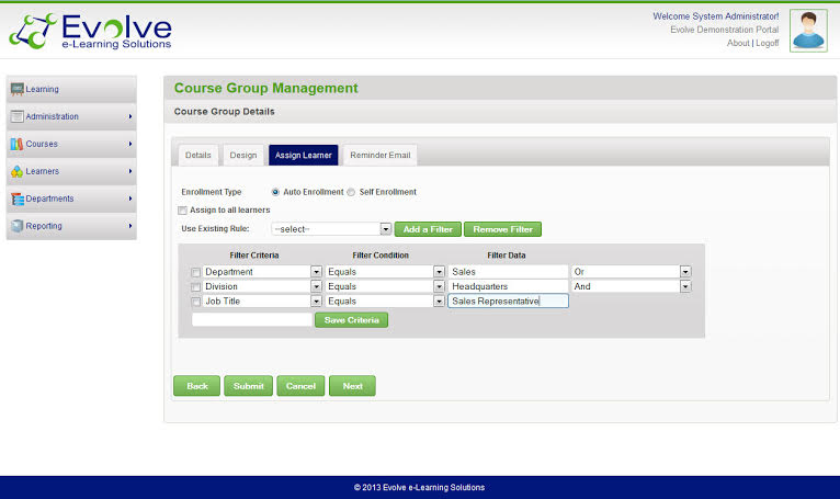 screenshot of Evolve Learning Manager